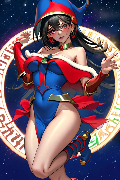 Dark magician gils christmas version. Ojos azules. Cabello rubio, labios rojos. Vestida con un traje de Santa Claus sexy. Minifalda roja. Capa blanca, blusa roja, sombrero roja de navidad. Fondos de estrellas y nieve callendo del cielo. Pose sejustiva y se...