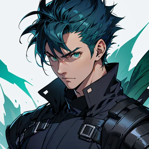 anime image of an young man with dark blue hair and green eyes, short spiky hair, 1man, solo man, male anime character, head shot, close up shot, simple background, ninja clothing, japanese clothing, dark clothing, energetic