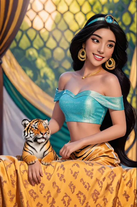 1girl,,jasmine  holding 1 cute tiger. solo, looking at viewer, smile, shirt, bare shoulders, jewelry, sitting, full body,Disney tiger pet, flower, earrings, pants, off shoulder, crop top, makeup, very adorable, cute, and lovable, Princess Jasmine, wearing ...