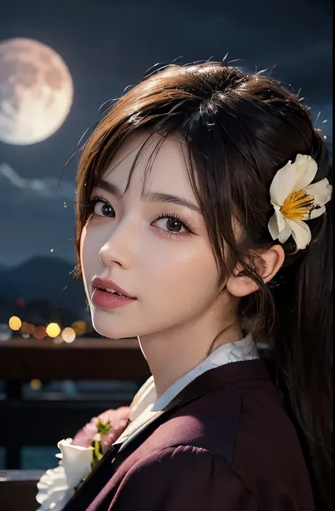 1girl in, bblurry, Blurry_Background, brown_Eyes, brown_hair, Depth_In the_field, (Drooling flows from the mouth:1.2), closing eye, 耳Nipple Ring, florals, full_Moon, hair_flower, hair_ornament detached, s lips, up looking_で_viewer, a moon, rays of moonligh...