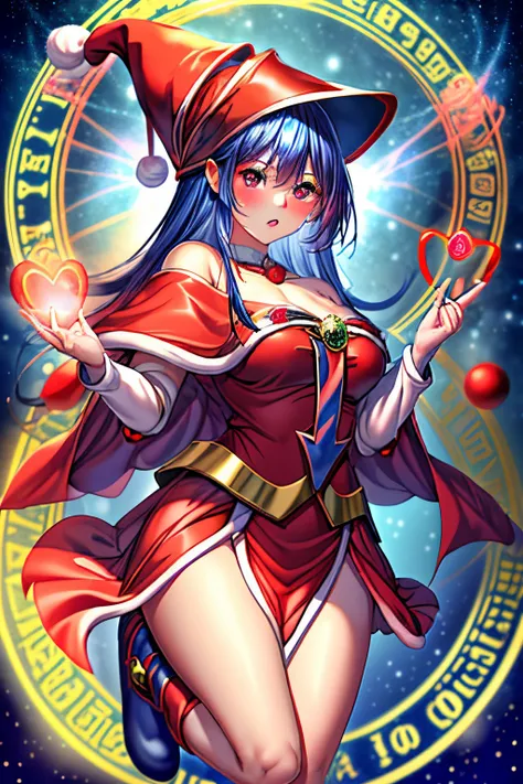 dark magician gils christmas version. ojos azules. cabello rubio, labios rojos. vestida con un traje de santa claus sexy. minifa...