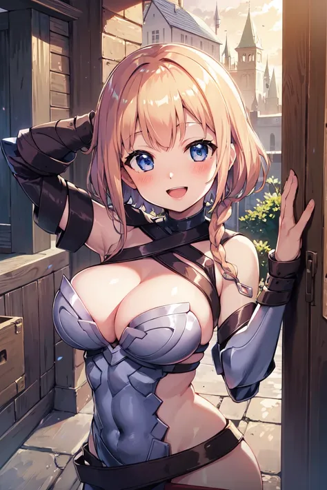 LeinaQuiron woman, breasts, blush, blue eyes, blonde hair, large breasts, cleavage, braid, hairband, armor, twin braids, side braid, short hair with long locks, buckle, shield BREAK (masterpiece, best quality:1.3), 4k, ultra-detailed, trending in pixiv, in...