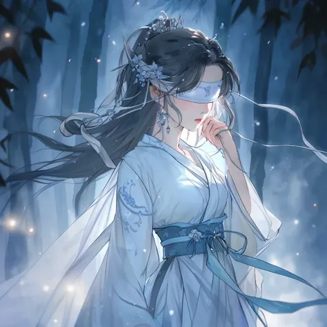 anime girl in white dress with blue ribbon and mask, palace ， a girl in hanfu, by Yang J, flowing magical robe, beautiful character painting, white hanfu, flowing hair and long robes, artwork in the style of guweiz, ethereal fantasy, by Li Song, beautiful ...