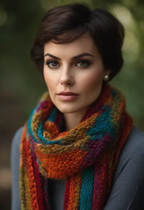 A photo of Suzan angrily knitting a colorful scarf.,original,Petite, short hair, dark eyes and light skin, angry and frustrated but serious