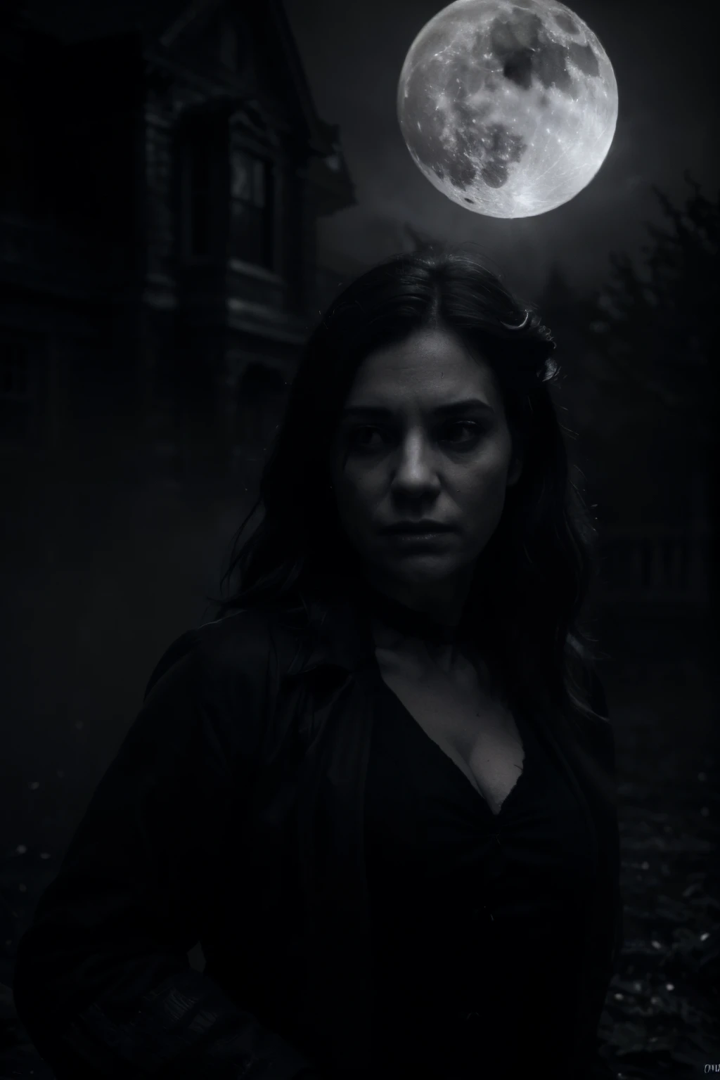 (best quality,4k,8k,highres,masterpiece:1.2),ultra-detailed,(realistic,photorealistic,photo-realistic:1.37), black and white, dramatic lighting, foggy atmosphere, detailed facial expressions, haunted mansion, full moon, eerie shadows, intense emotions, sin...