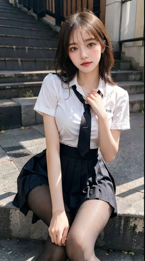 Korean school uniform、summer school uniform shirt、tight shirt、Ribbon Ties、Skirt by the、schools、school stairs、chest lifting pose、Emphasizing your chest、slim and tall、8K RAW photo、high resolucion;、18-year-old Korean、embarrassed expression、very big round ches...