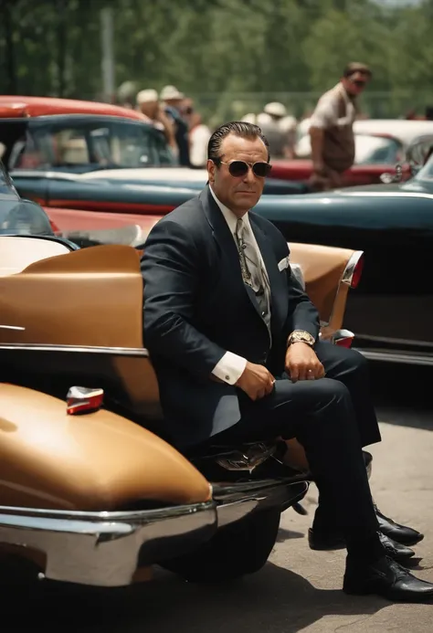 A photo of Tony sitting on a motorcycle at a vintage car show.,The Sopranos,Tony Soprano, the fictional mob boss in “The Sopranos,” is a physically imposing figure, with a broad, stocky build, and a face that often shifts between a charming smile and a men...