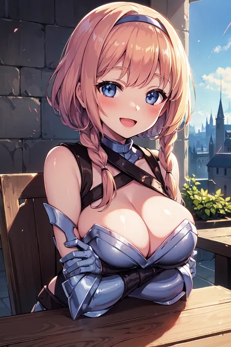 LeinaQuiron woman, breasts, blush, blue eyes, blonde hair, large breasts, cleavage, braid, hairband, armor, twin braids, side braid, short hair with long locks, buckle, shield BREAK (masterpiece, best quality:1.3), 4k, ultra-detailed, trending in pixiv, in...