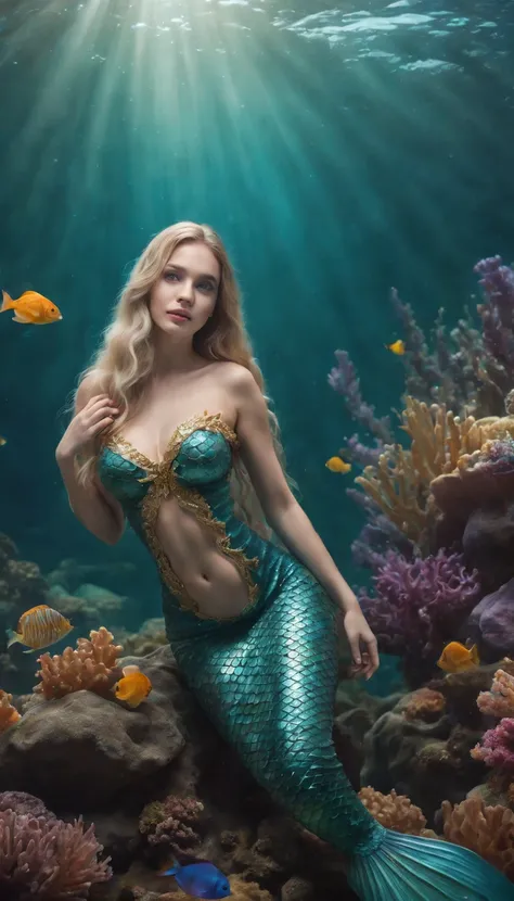 (professional photo:1.3) Fujifilm X-T3, 35mm lens ((Mermaid swims all over)) (Realistic:1.3) most beautiful artwork photo in the world，(((Blond hair))), (( Brown eyes)), brunette, Caucasians, ((long mermaid tail)), (((Detailed mermaid fins))), full body, s...