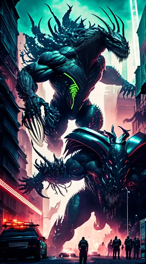 Monstrous Venom attacking the city and with full of police cars attacking him, de noite, com clima chuvoso, and with lots of neon-style lighting, arte bela muito bonita com muito detalhe