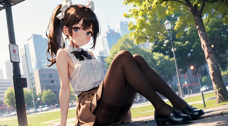 white bra, cute bow, (open White sleeveless collared shirt:1.3)、(Black Mini Flared Skirt:1.3)、(Brown pantyhose:1.3)、cute bow, (white bow tie:1.3)、ledy in red、Medium Hair、ponytail、in a park、ssmile、sit with legs spred