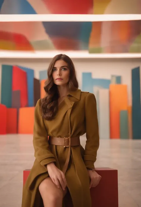 Amelie poses in front of a stunning art installation at a modern art museum, shes wearing a fashionable and avant-garde outfit,original,Amelie is a beautiful fashion model. She has long brown hair and is 5’9 inches tall.