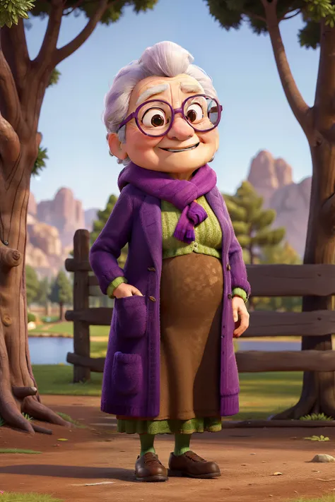 masterpiece, best quality, an old woman with glasses and a scarf on, wearing a purple coat and green scarf, standing at the park