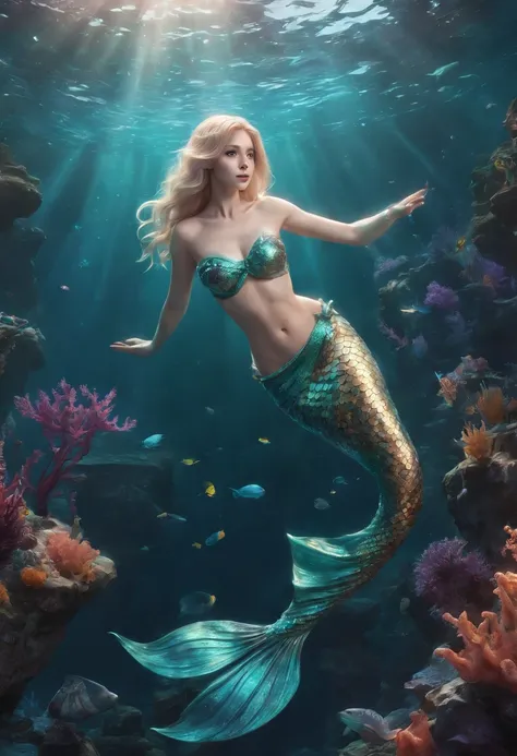 (professional photo:1.3) Fujifilm X-T3, 35mm lens ((Mermaid swims all over)) (Realistic:1.3) most beautiful artwork photo in the world，(((Blond hair))), (( Brown eyes)), brunette, Caucasians, ((long mermaid tail)), (((Detailed mermaid fins))), full body, s...