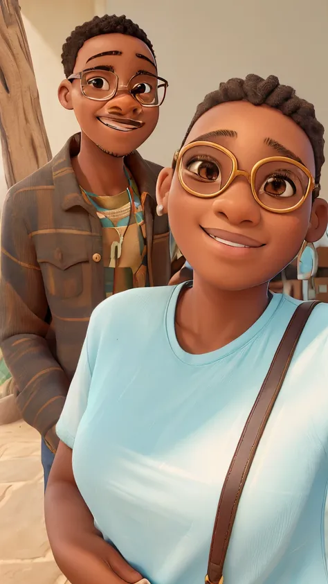 African couple, a girl in front with mate glasses, Wearing light blue round neck t-shirt, golden earrings, Boy at the back fading hair style, wearing brown long sleeve shirt, showing V sign hand smiling masterpiece, best quality,