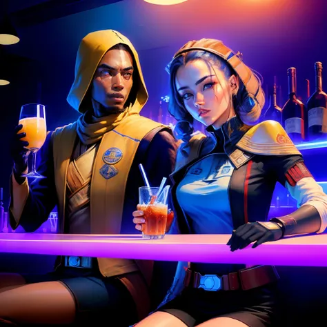 Jedi and sith, vibing in a bar with lean and wok, sipping on lean, bright colors and dark background, very trippy Star Wars bar, sexy waitress