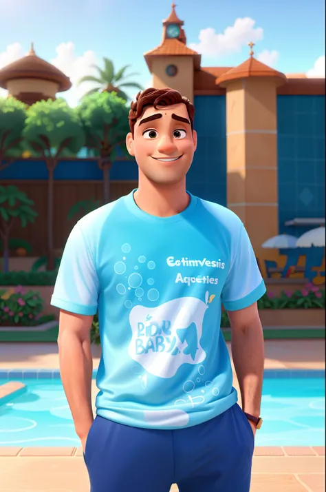 Um homem na piscina estilo disney pixar, alta qualidade, melhor qualidade