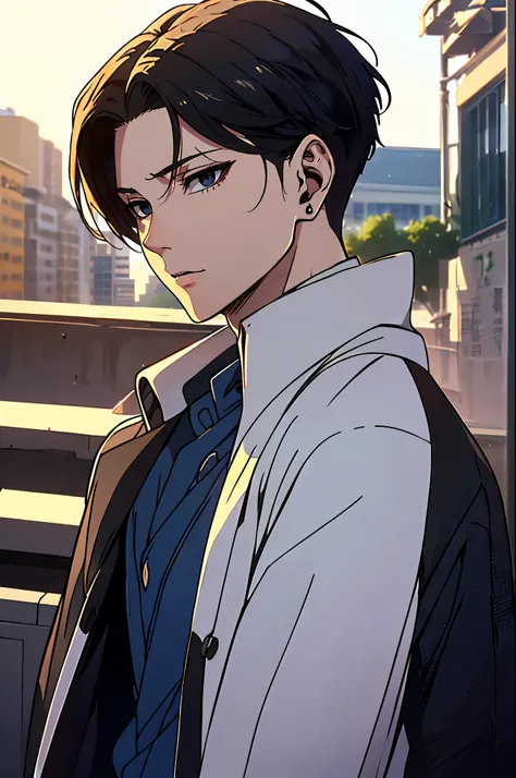 ((4K works))、​masterpiece、（top-quality)、((high-level image quality))、((One Manly Boy))、Slim body、((Attractive and sexy jeans fashion))、((Mens Fashion))、(Detailed beautiful eyes)、Late Night City、Levi Ackerman、((short hair above the ears))、((Smaller face))、(...