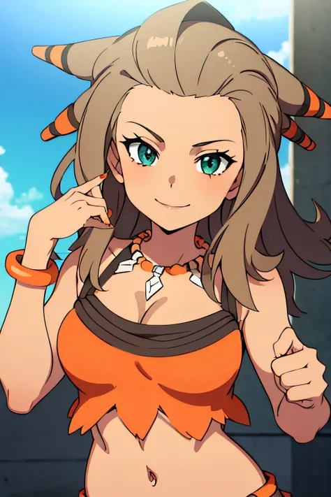 PKMNSADA, TAN, HAIR ORNAMENTS, NECKLACE, ORANGE CROP TOP, CLEAVAGE, ORANGE SHORTS, BRACELET, ORANGE NAILS, 1girl, solo, upper body, facing viewer, looking at viewer, smile,