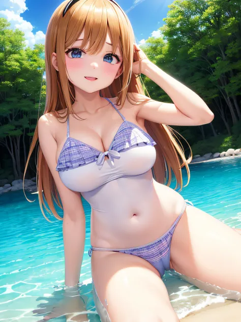 anime girl in a swim suit in a pool with a leaf on her head, wet swimsuit, realistic bikini, is wearing a swimsuit, swimsuit, oppai, smooth anime cg art, bathing suit, seductive anime girl, asuka suit under clothes!, nami one piece, pixiv 3dcg, rin, shiny ...