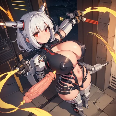 ((1 cyborg loli)),((huge breasts, biomechanical breasts)),((very large penis, erect penis)),((nipple fuck)),((urethral insertion)),standing with raised high ,((short white hair, red eyes, evil smile)), a factory, at night,