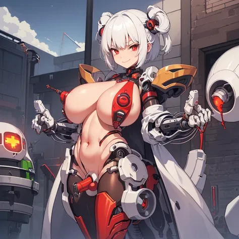 ((1 cyborg loli)),((huge breasts,biomechanical breasts,very large penis,erect penis)),pussy liquid,((nipple fuck)),((urethral insertion)),standing with raised high ,((short white hair, red eyes, evil smile)), a factory, at night,