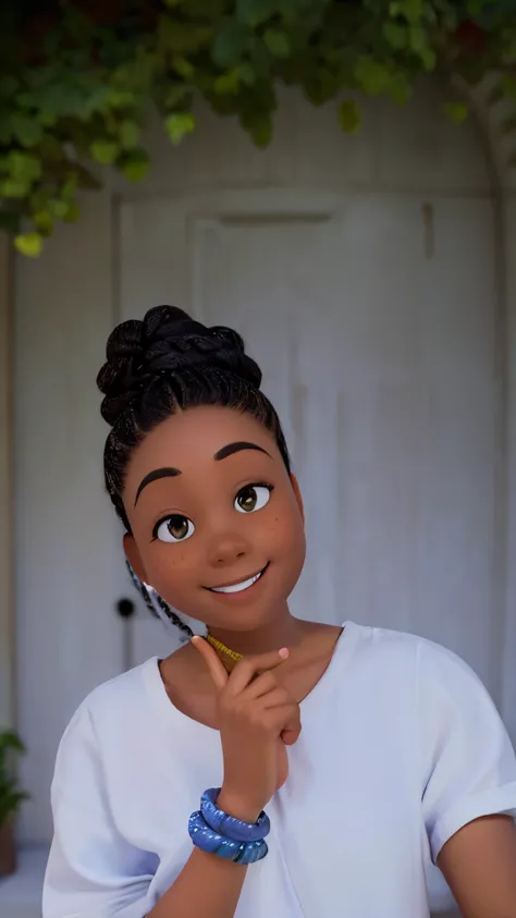 Braided hair packed in a bun,hands on the chin,smiling,big brown eyes, white top,dark skin,create pixar 3D.