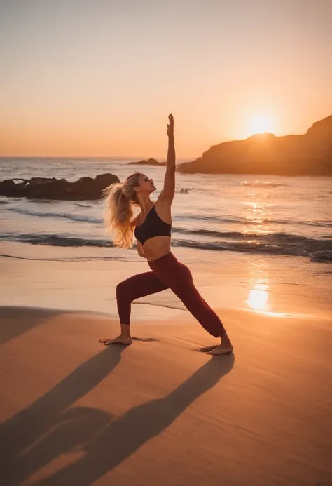 A photo of LA influencer chick striking a yoga pose on the beach at sunset.,original,She is blonde, young, beautiful, lives in Hollywood, and takes a selfie