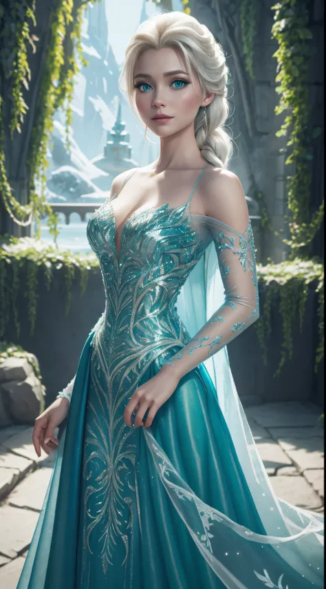 a frozen princess in a green dress, frozen ii movie still, white backround, .png charackter elsa, render of mirabel madrigal, ti...