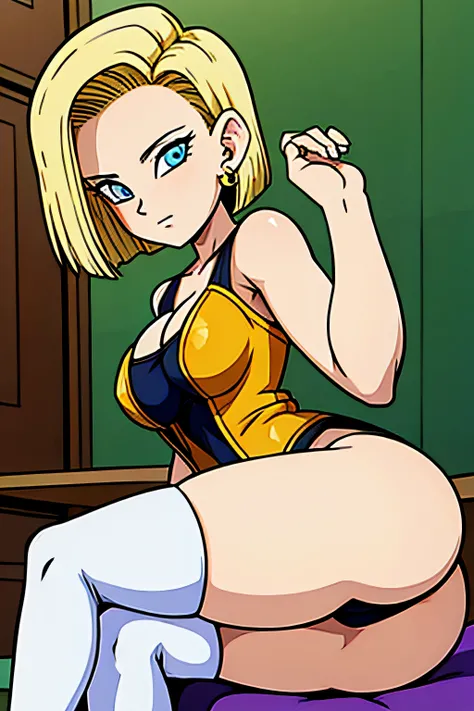 android18, 1girl, solo, looking_at_viewer, short_hair, closed_mouth, blue_eyes, blonde_hair, medium_breasts, thighhighs, mini flowers dress, sitting, ( CROSSED LEGS) , head_rest, arm_support, cleavage, thighs, earrings , indoors, with a short flowered dres...