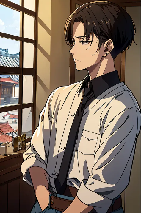 ((4K works))、​masterpiece、（top-quality)、((high-level image quality))、((One Manly Boy))、Slim body、((Attractive and sexy jeans fashion))、((Mens Fashion))、(Detailed beautiful eyes)、town in the morning、Levi Ackerman、((short hair above the ears))、((Smaller face...