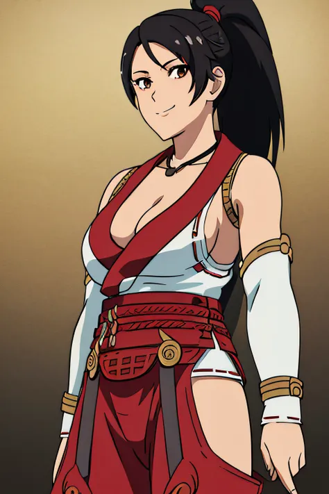 Momiji, black hair,brown eyes,ponytail, detached sleeves,japanese clothes,hip vent,hair ornament,cleavage,necklace,red pants, 1girl, solo, upper body, facing viewer, looking at viewer, smile,