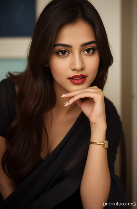 a close up of a indian model woman in a black blouse and white scarp posing for a picture,beautiful natural lips with bollywood ...