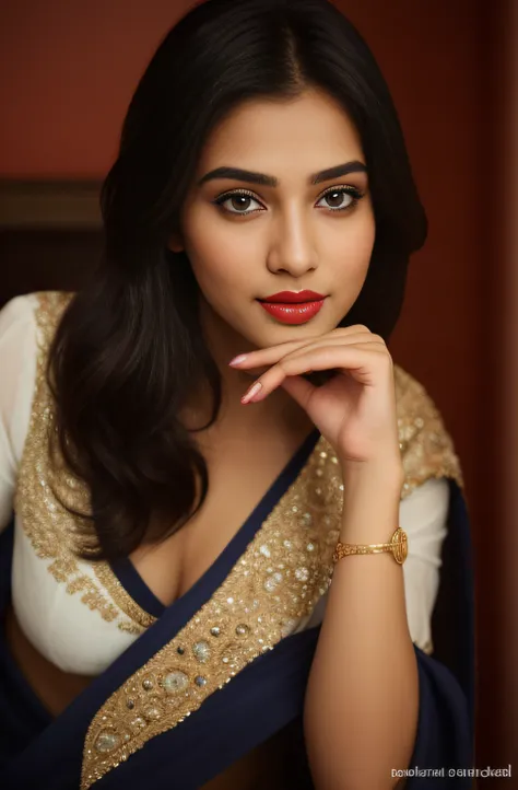 a close up of a indian model woman in a black blouse and white scarp posing for a picture,beautiful natural lips with bollywood ...