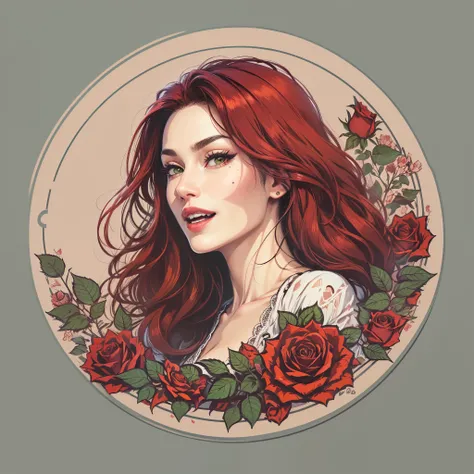 (Sticker),whitebackground,((in a circle)), Adult woman, Monica Belluccis Face, straight long hair, Scarlet red hair, green-yellow eyes, mole under the left eye, happy face, A big smile, dark makeup, (black fantasy blouse:1.3). Outline red, roses, Ultra Det...