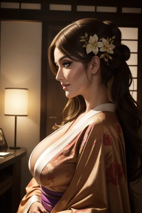 lucy pinder, smiling, ((very intense makeup)), profile, sexy, voluptuous, kimono, sexy, looking