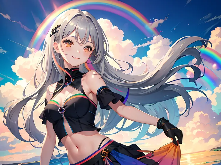 masterpiece, best quality, 1 girl, gray hair, orange eyes, dress, midriff, smile, rainbow in background, (pastel rainbow), dark blue background, clouds