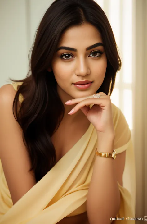 a close up of a indian model woman in a yellow blouse and white scarp posing for a picture,beautiful natural lips with bollywood...