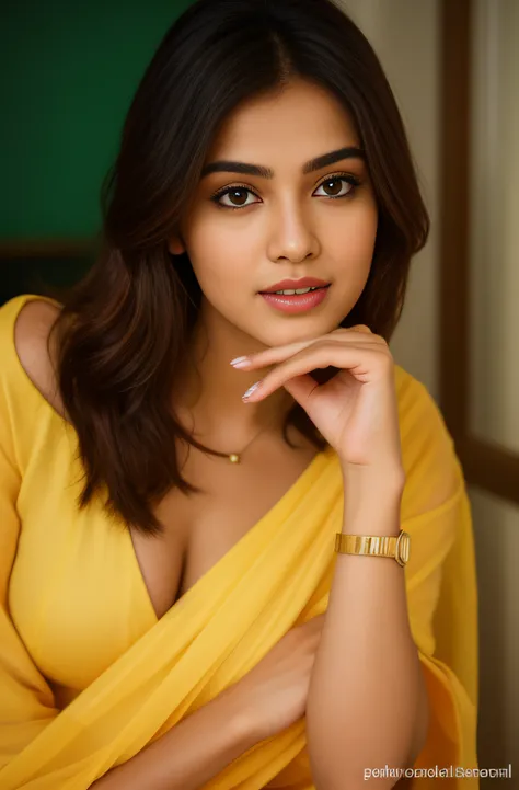 a close up of a Indian model woman in a yellow blouse and white scarp posing for a picture,beautiful natural lips with Bollywood Light lips, beautiful look, actress, pretty face!!, seductive Breasts, desi seductive smile, cute woman, candid photograph, bre...