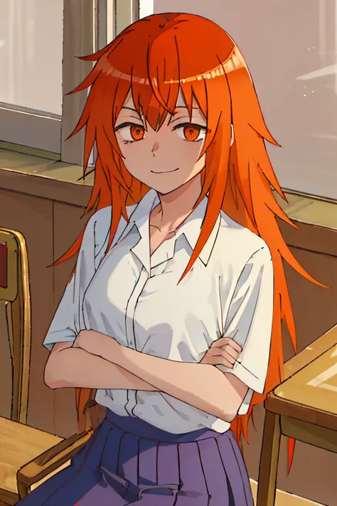 Best Quality, masutepiece, hight resolution, Solo, {Maki_Gamow_Oro by DonttoyWithMemissnag:1.15}, long_hair, orange_hair, brown_Eyes, Smile, orange_Eyes, 1girl in, Collared_Shirt, Indoors, Shirt, white_Shirt, hair_Bland_Eyes, up looking_で_viewer, sanpaku, ...