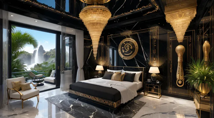 amazing luxurious futuristic bedroom interior in ancient egyptian style decoration with many (((Plantas exuberantes))), ((flores bonitas)), (lotus flowers), ((Palmeiras)), paredes rochosas, ((areia)), ((waterfalls)) (marble), ((minerais preciosos)), ((meta...