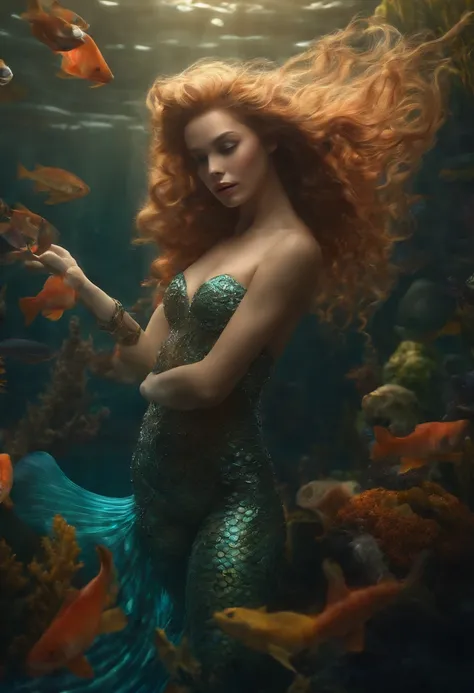 (professional photo:1.3) Fujifilm X-T3, 35mm lens ((Mermaid swims all over)) (Realistic:1.3) most beautiful artwork photo in the world，(((Blond hair))), (( Brown eyes)), brunette, Caucasians, ((long mermaid tail)), (((Detailed mermaid fins))), full body, s...