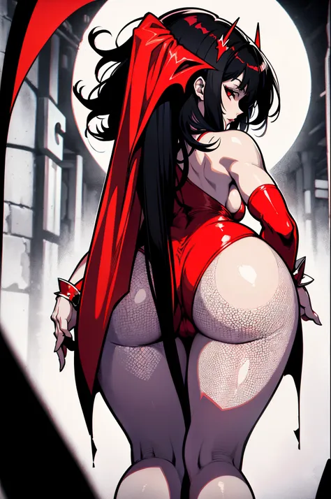 Color Splash art work, Vampirella from behind, bent over looking at the viewer over her shoulder, monochrome color scheme, extremely sheer, pretty much see through red negligee on Vampirella, 8k