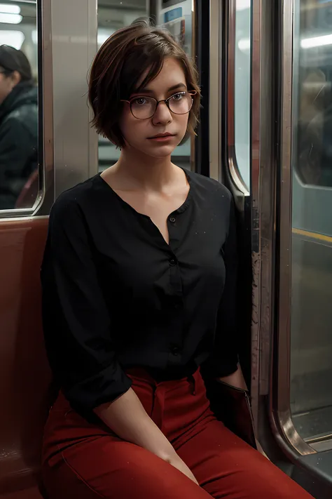 Create a realistic portrait of a young girl on the subway, emphasizing her red pants, black blouse, blue eyes, reddened eye contour, glasses and short hair. She is sitting in front of the subway window under a dim light and expresses a deep sense of sadnes...