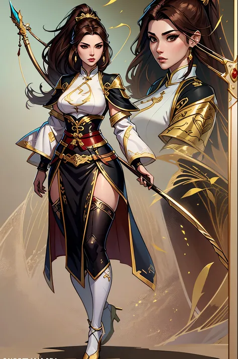 a close up of a woman in her 30s, with brown eyes and brown hair, wearing a black and tan desert clothes, a heroine with brown eyes, female holding bow and arrow, female archer with bow and arrow, standing in a japanese temple, new costume concept design, ...