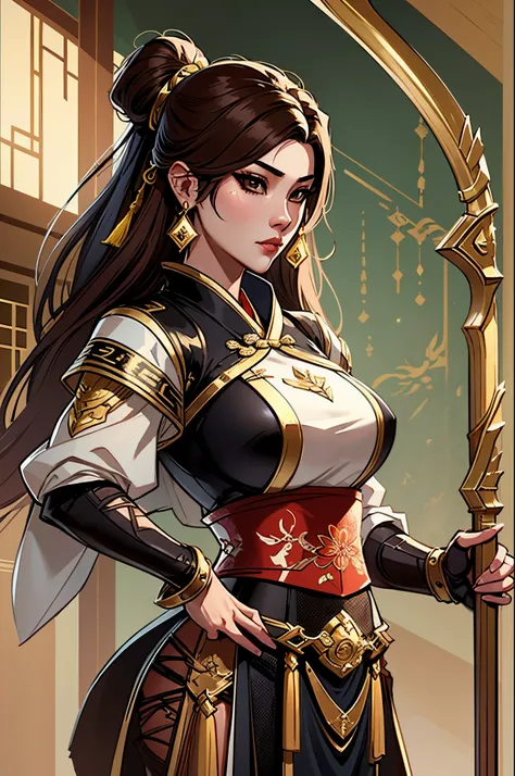 a close up of a woman in her 30s, with brown eyes and brown hair, wearing a black and tan desert clothes, a heroine with brown eyes, female holding bow and arrow, female archer with bow and arrow, standing in a japanese temple, new costume concept design, ...