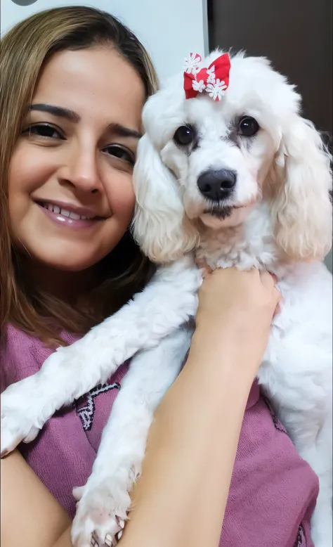 white poodle with a red bow on its head, small white dog at her side, by Amelia Peláez, imagem de perfil, 3 9 anos de idade mulher, cabelo preto liso, imagem de qualidade, pet animal, bonito, Directed by: Nandor Soldier, with dogs, foto do perfil desenho a...