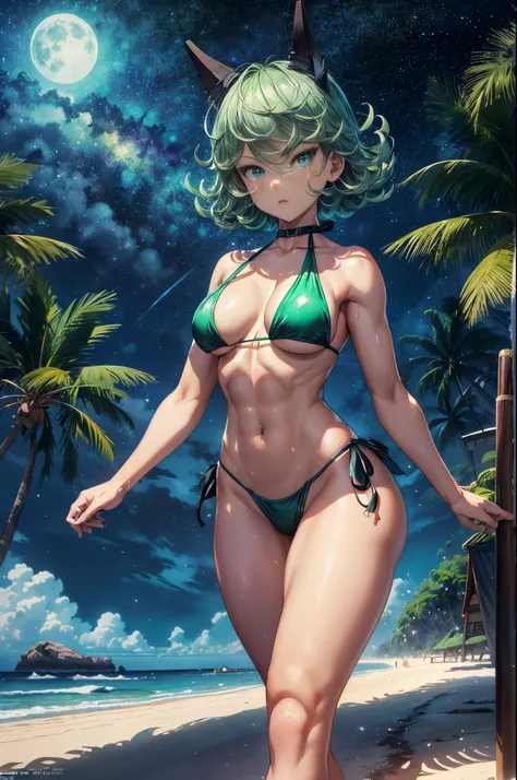 Tatsumaki de um homem de soco, cabelo verde curto, olhos verdes, peito pequeno, (((wearing bikini))), whole body view, (Standing on the beach at night with starry sky and full moon), (((pernas musculosas))), cintura fina, muscle in the stomach, bunda grand...