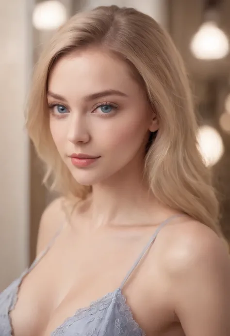 Arafed Full Woman, Sexy girl with blue eyes, , ultra realistic, meticulously detailed, portrait of Sophie Mudd, blonde hair and big eyes, selfie of a young woman, Violet Myers, no makeup, Natural makeup, looking directly at the camera, artgram facial, subt...