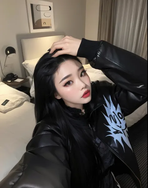 Theres a woman whos taking a selfie in a hotel room, cruel korean goth girl, Ulzzang, menina coreana, iu lee ji-eun as a super villain, Jinyoung Canela, Mulher sul-coreana bonita, pale goth beauty, goth girl aesthetic, Xision Wu, Wenfei Ye, 1 7 - year - ol...